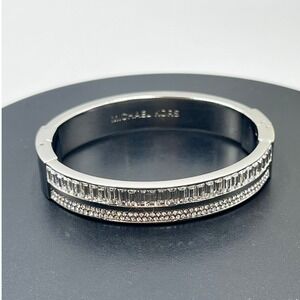 Michael Kors Silver Tone Hinged Bangle Bracelet Pave Baguette Stones